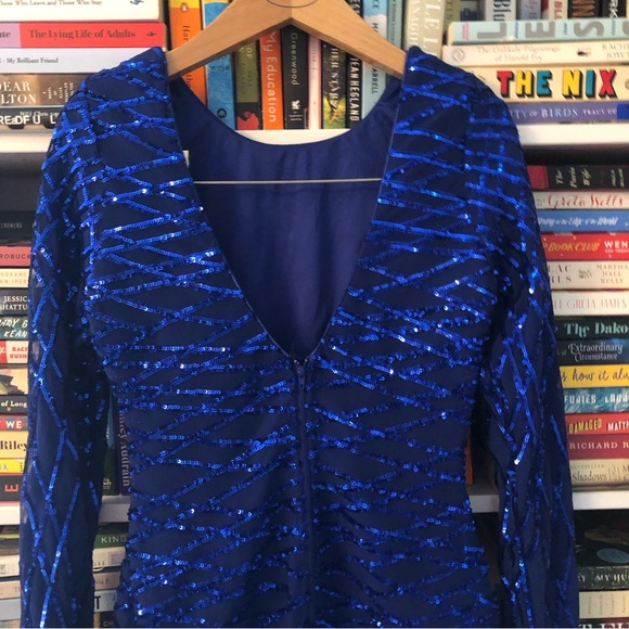 Windsor Blue sequin mini dress long sleeve Medium deep v back - Picture 3 of 7